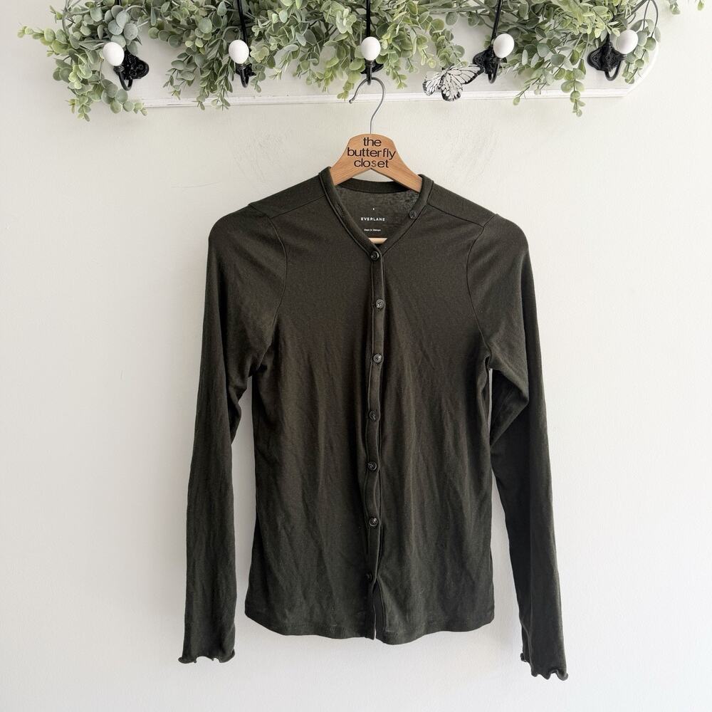 Everlane Forest Green Wool Tencel Blend Button Down Cardigan Small 17-6070